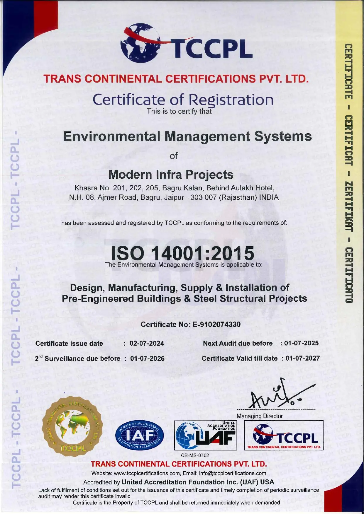 ISO 14001:2015 Certified for Environmental Management Systems