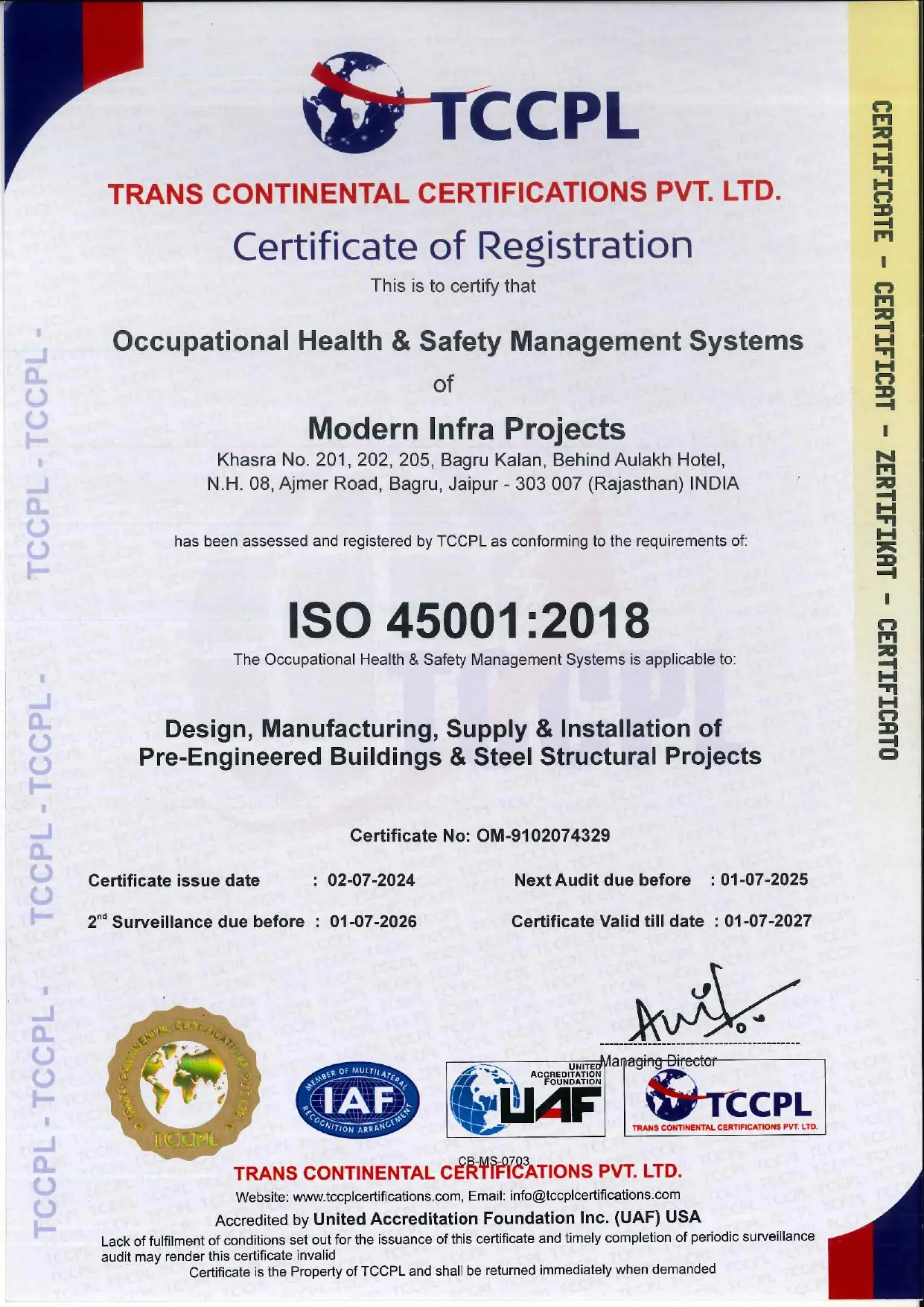 ISO 45001:2018 Certified for Occupational Health & Safety Management Systems